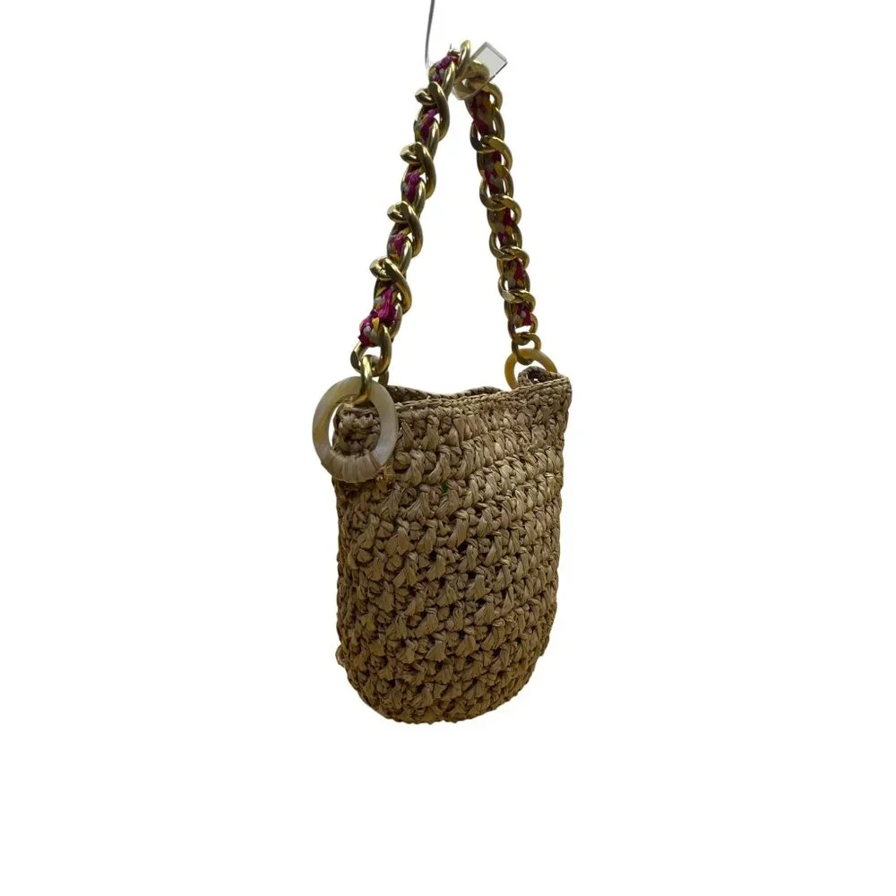 A Point ETC Women’s Natural Woven Straw Chain Handle Boho Bucket Bag Size S - Picture 4 of 11